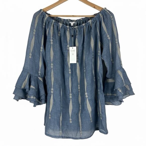 NWT Kaktus Blue Ruffle Off The Shoulder Top Cotton Boho Indie Womens Size M - Picture 2 of 7